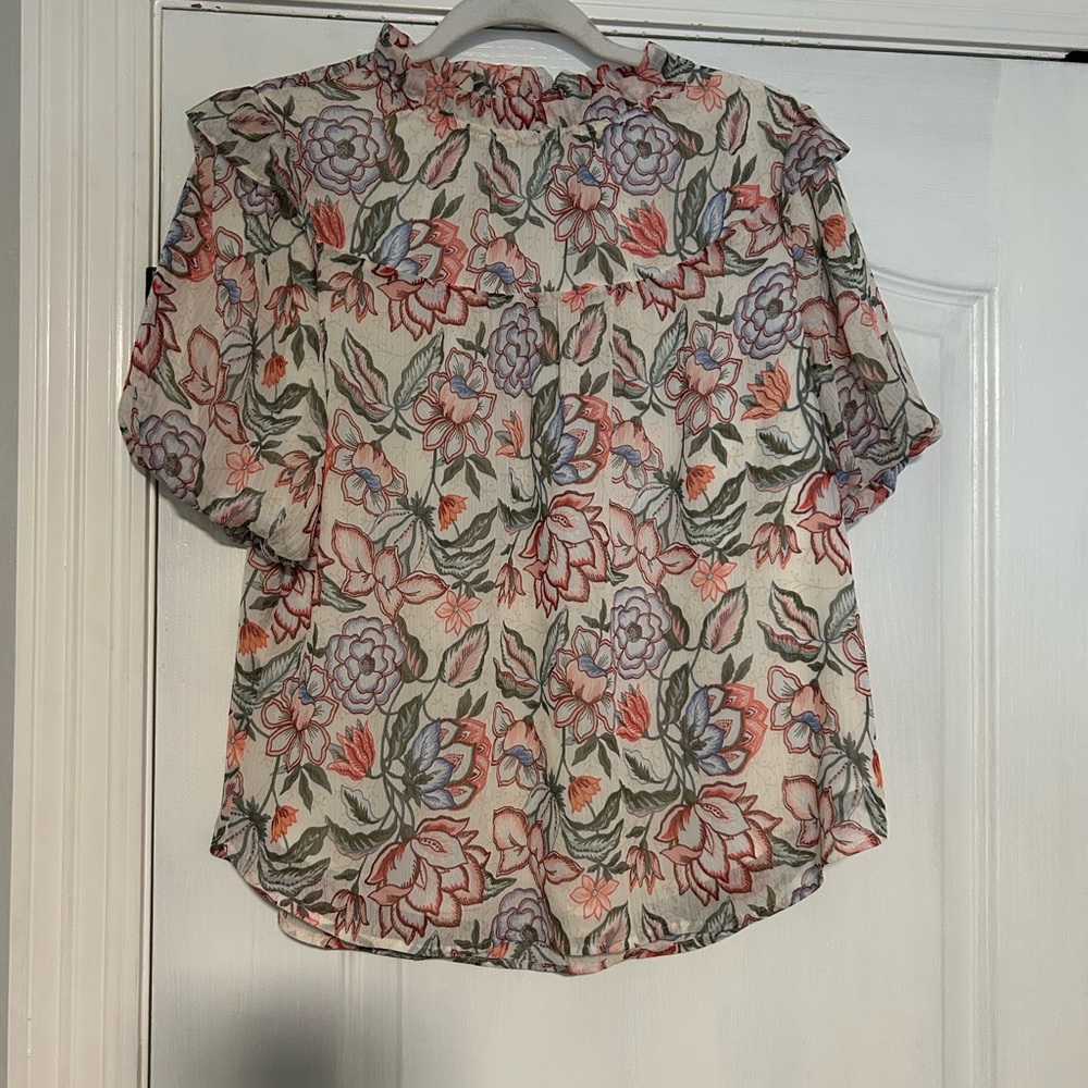 LOFT Floral Print Top with Ruffle Accents